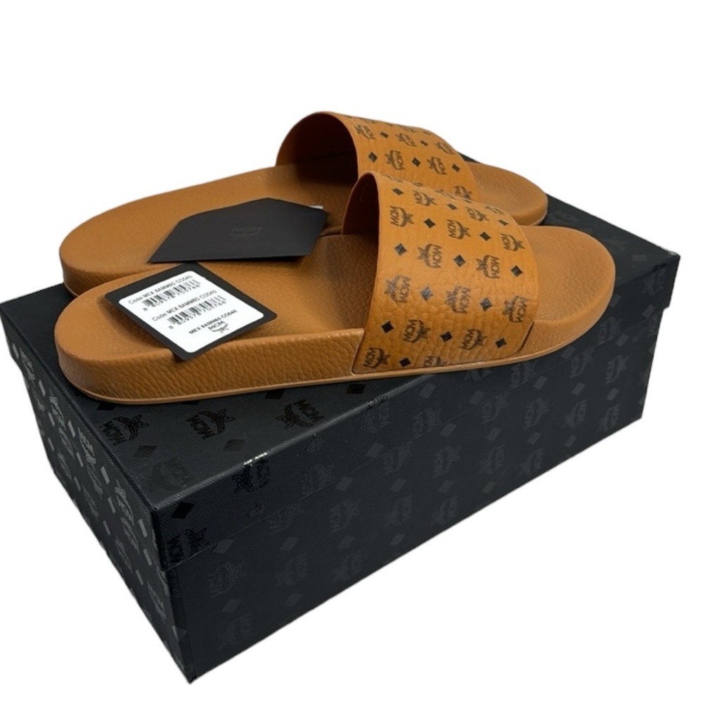 MCM NWT MEN’S BROWN BLACK MONOGRAM SLIDES SANDALS SIZE 12 / 45 - Picture 10 of 11